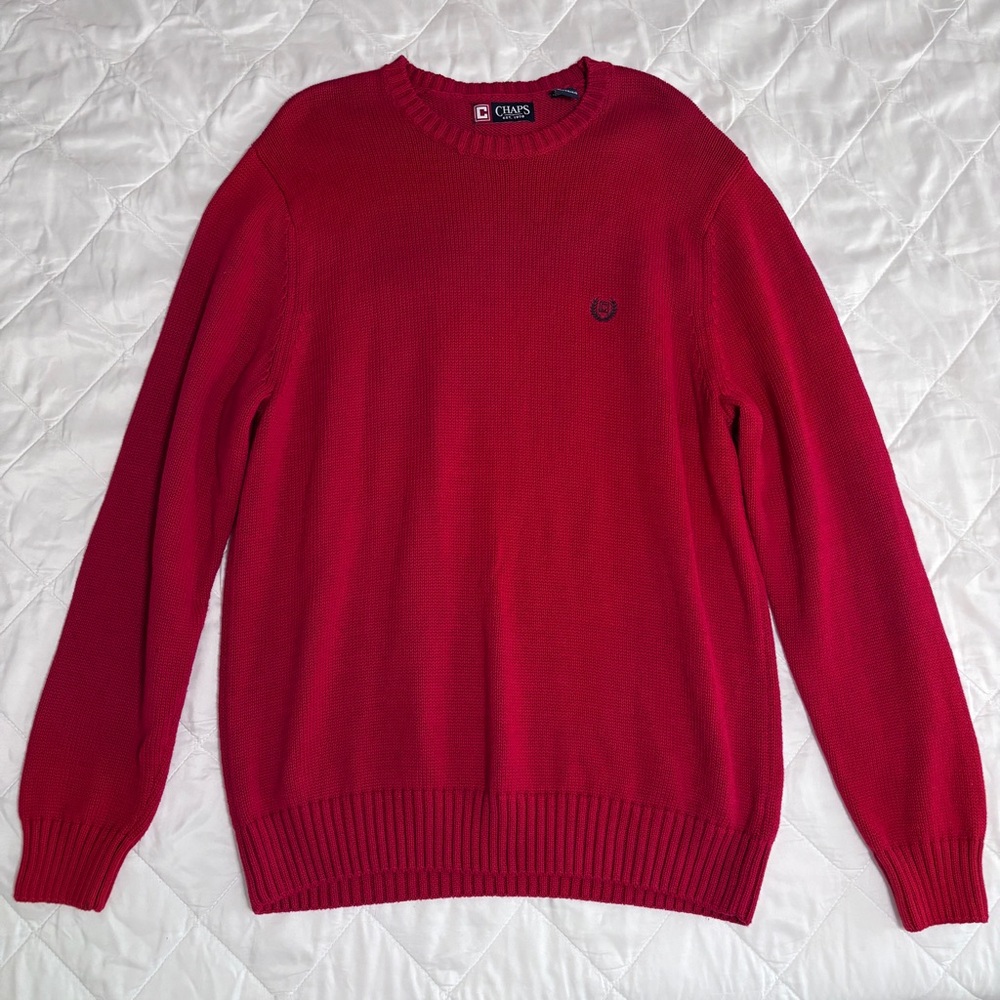 CHAPS Men’s XL Red Cotton Crewneck Sweater Long Sleeve Pullover Knit Logo Casual